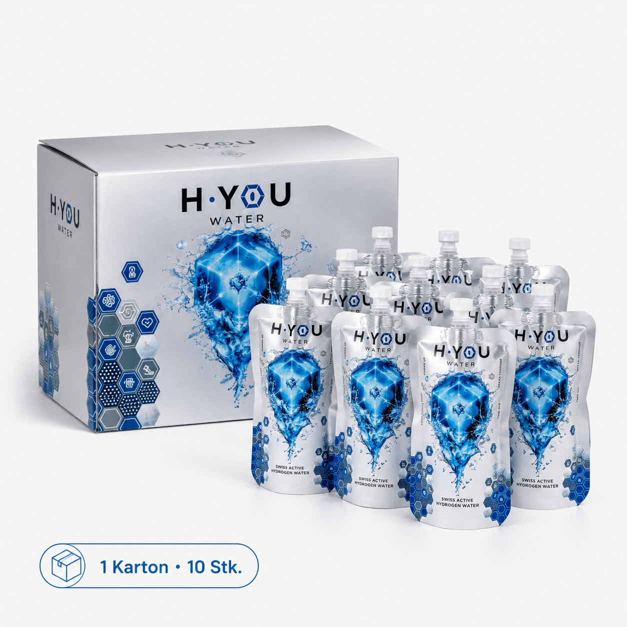 H'YOU Active Hydrogen Water 10er Karton mit zehn Wasserstoffwasser-Pouches in Schweizer Qualität